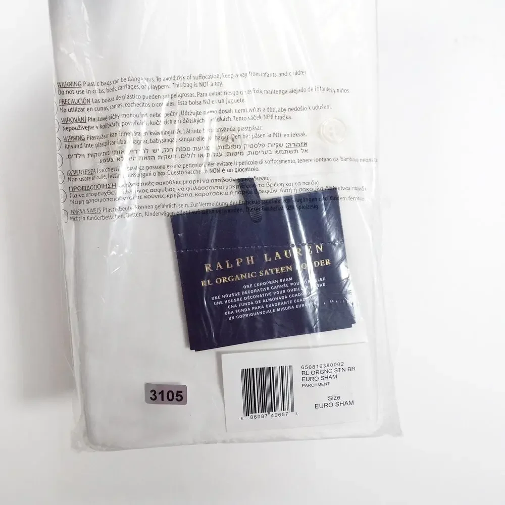 New Ralph Lauren European Sham Organic Sateen Border Parchment Classic RL Boho